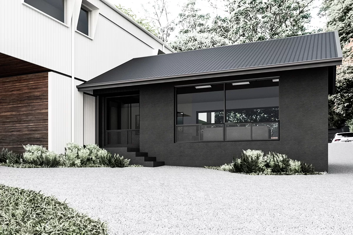 Contemporary house extension in Ferny Creek, featuring a white elevated structure designed to integrate with the forest surroundings — by MOA.studio