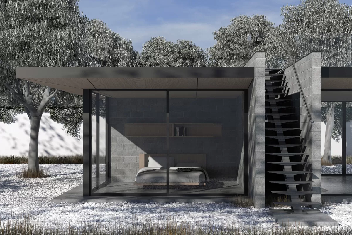 Architectural portfolio image of an designed holiday retreat immersed in nature, with separate rooms, raw materials, and a rooftop terrace designed by MOA.studio
