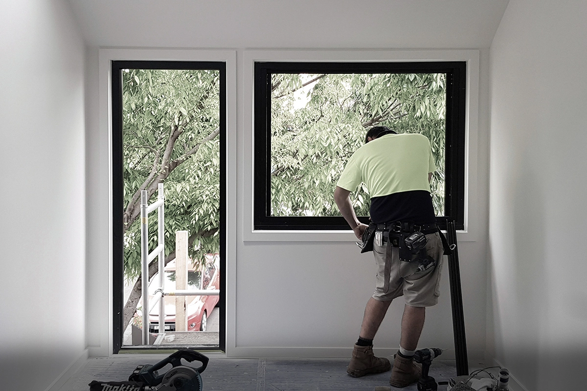 Image of sustainable architect designed all electric home. Construction photo.