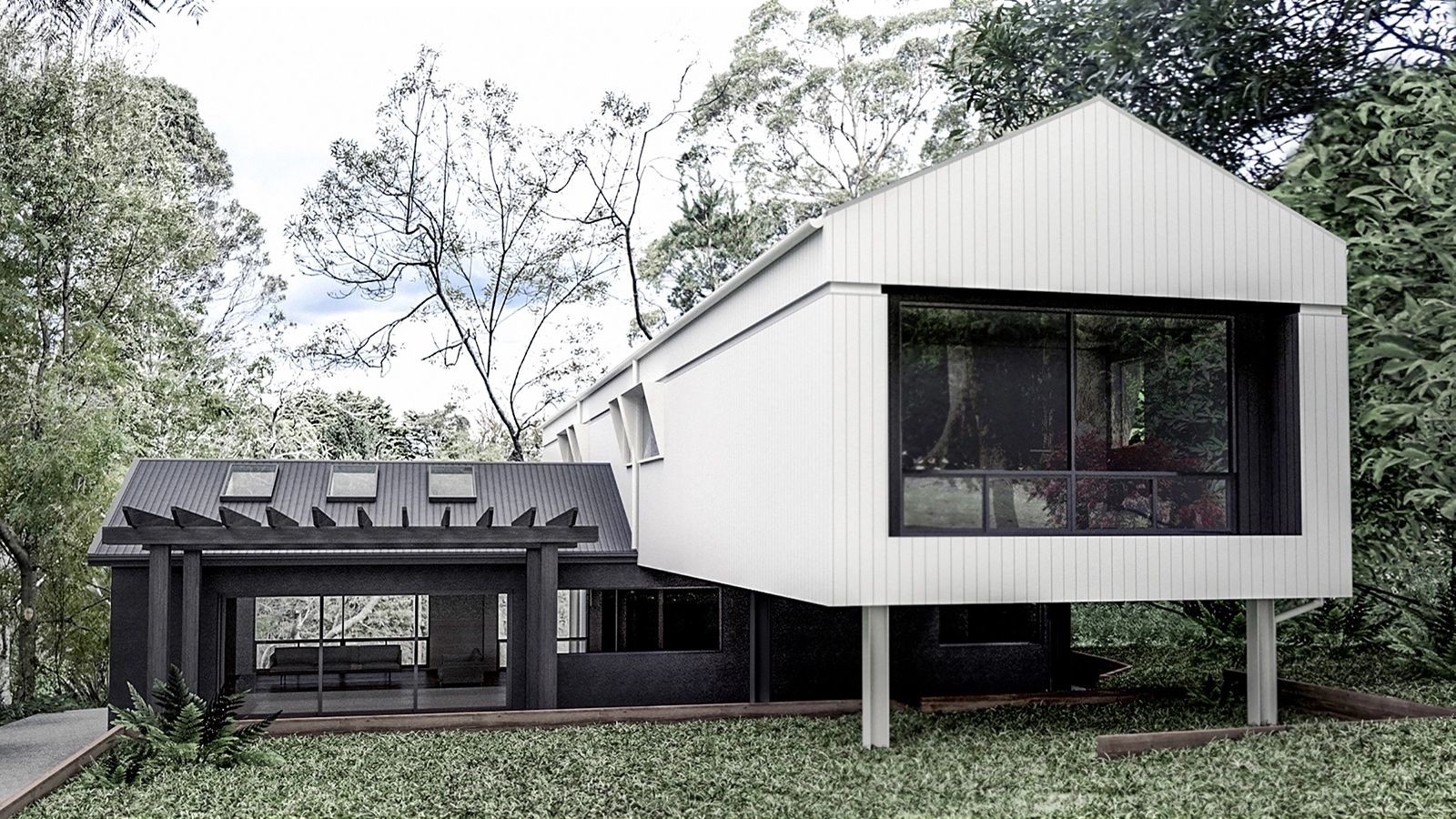 Contemporary house extension in Ferny Creek, featuring a white elevated structure designed to integrate with the forest surroundings — by MOA.studio