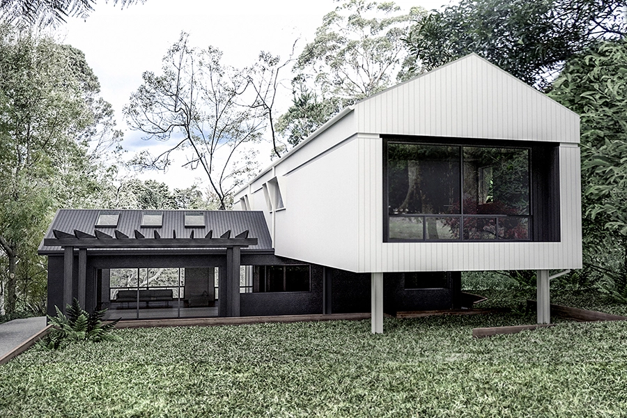 Architectural portfolio image of a contemporary house extension in Ferny Creek, featuring a white elevated structure designed to integrate with the forest surroundings — by MOA.studio