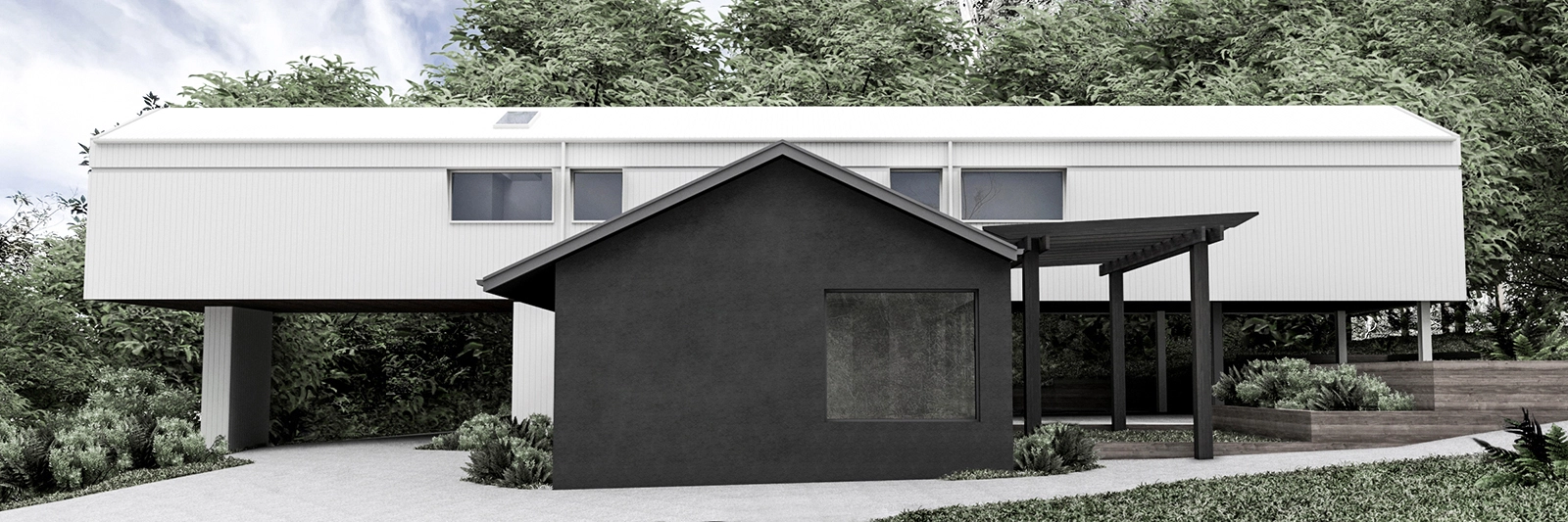 Contemporary house extension in Ferny Creek, featuring a white elevated structure designed to integrate with the forest surroundings — by MOA.studio