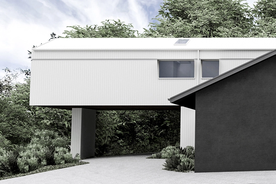 Contemporary house extension in Ferny Creek, featuring a white elevated structure designed to integrate with the forest surroundings — by MOA.studio