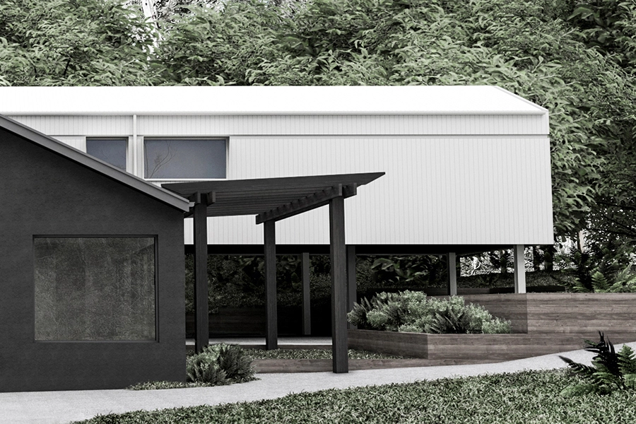 Contemporary house extension in Ferny Creek, featuring a white elevated structure designed to integrate with the forest surroundings — by MOA.studio