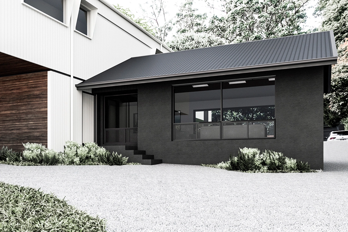 Contemporary house extension in Ferny Creek, featuring a white elevated structure designed to integrate with the forest surroundings — by MOA.studio