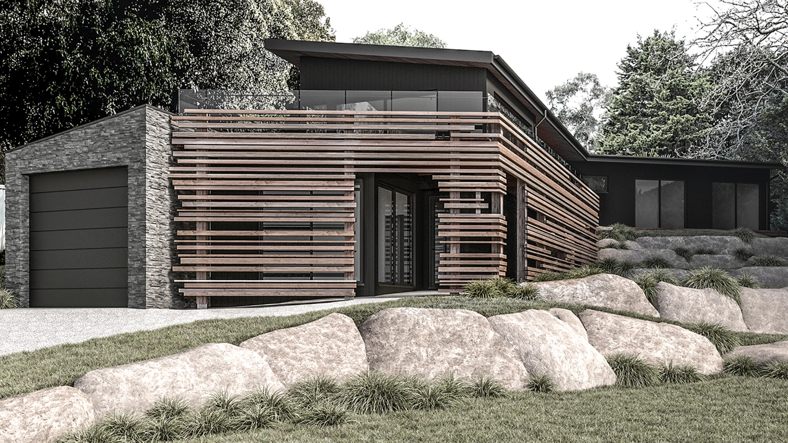 Image of a house renovation in Upper Ferntree Gully, Vic. The house is approached from the gully below, where a stone-clad garage and façade of rough-cut merbau timber battens create the entry.
