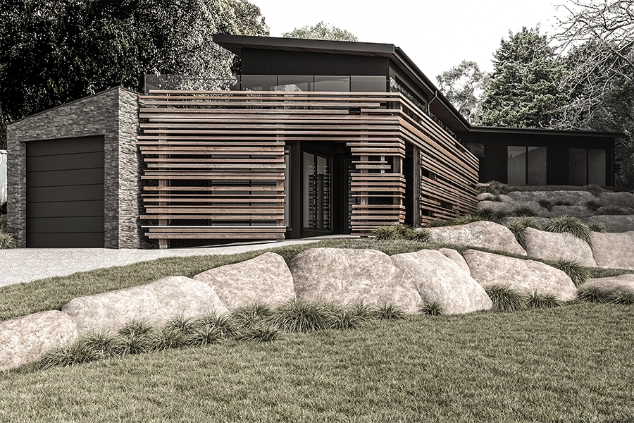 Image of a house renovation in Upper Ferntree Gully, Vic. The house is approached from the gully below, where a stone-clad garage and façade of rough-cut merbau timber battens create the entry.