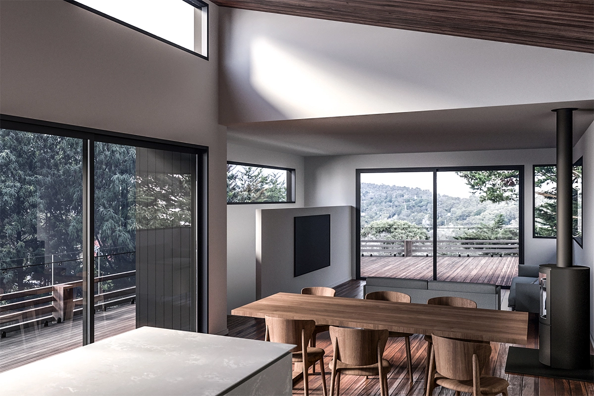 Image of a house renovation in Upper Ferntree Gully, Vic. Internal view looking out across the dining room to the valley beyond.