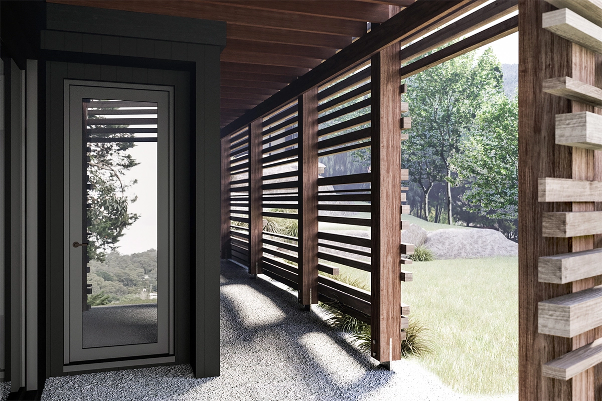 Image of a house renovation in Upper Ferntree Gully, Vic. External view of the timber batten entry way.