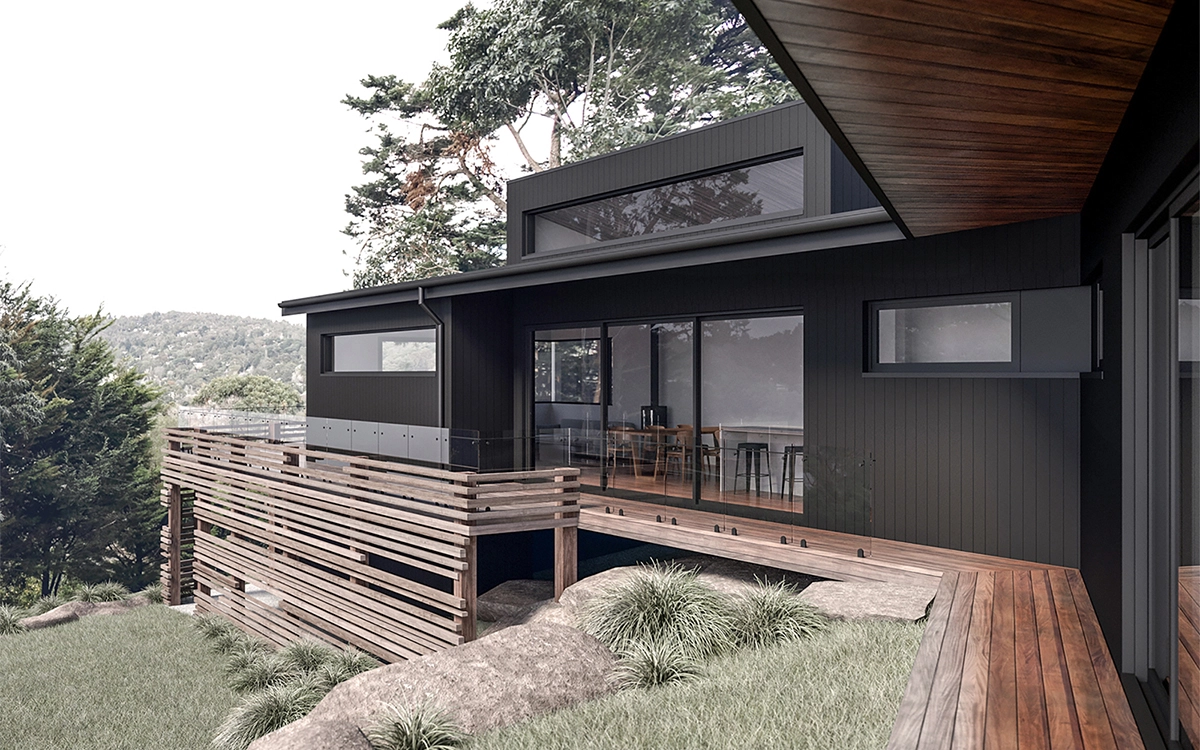 Architectural portfolio image of a house renovation in Upper Ferntree Gully, Vic. The house is approached from the gully below, where a stone-clad garage and façade of rough-cut merbau timber battens create the entry.