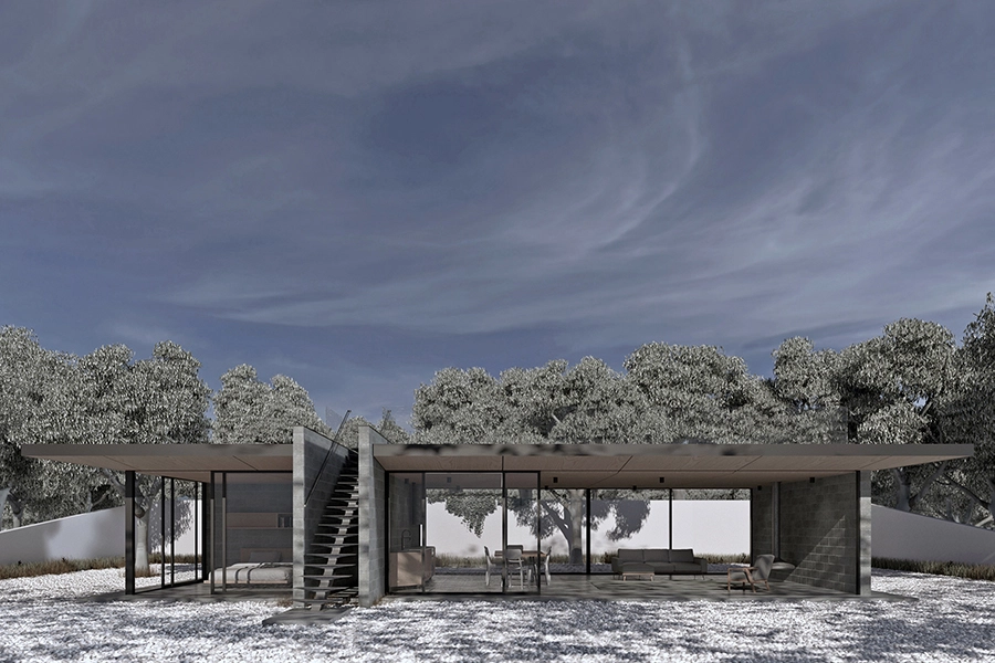 Architect designed holiday retreat immersed in nature, with separate rooms, raw materials, and a rooftop terrace designed by MOA.studio