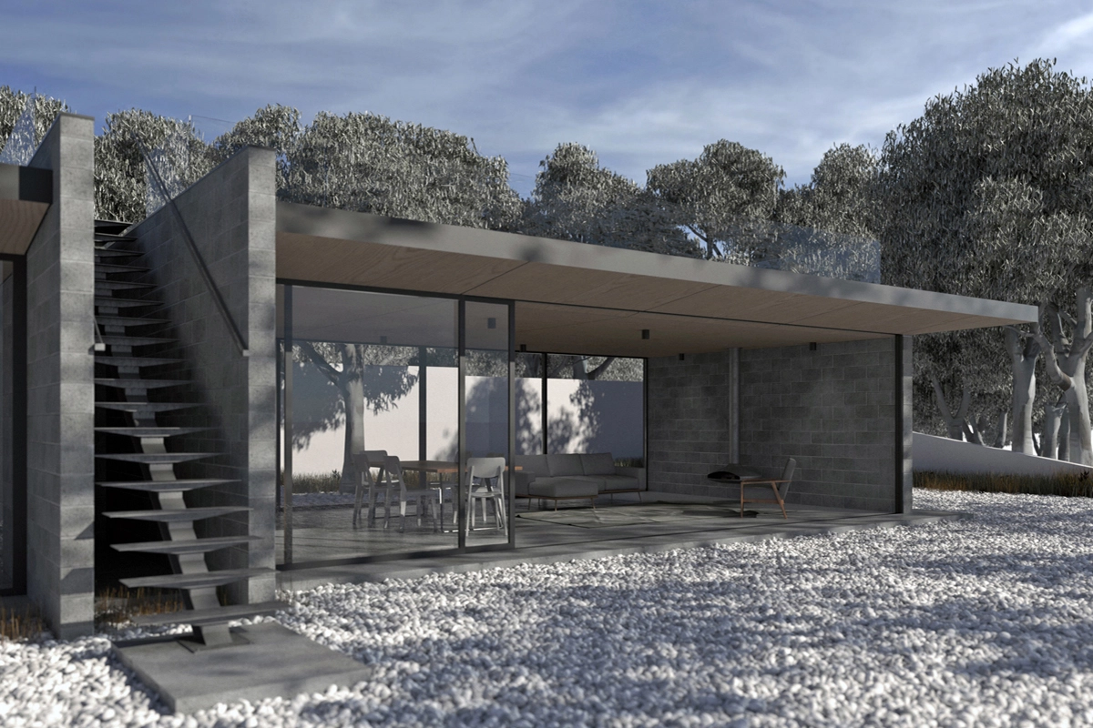 Architect designed holiday retreat immersed in nature, with separate rooms, raw materials, and a rooftop terrace designed by MOA.studio