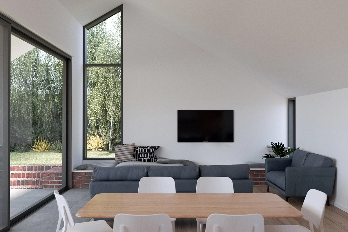 Light-filled interior of a sustainable residential home in Pascoe Vale, featuring modern finishes, brick bench seating, and garden views — designed by MOA.studio