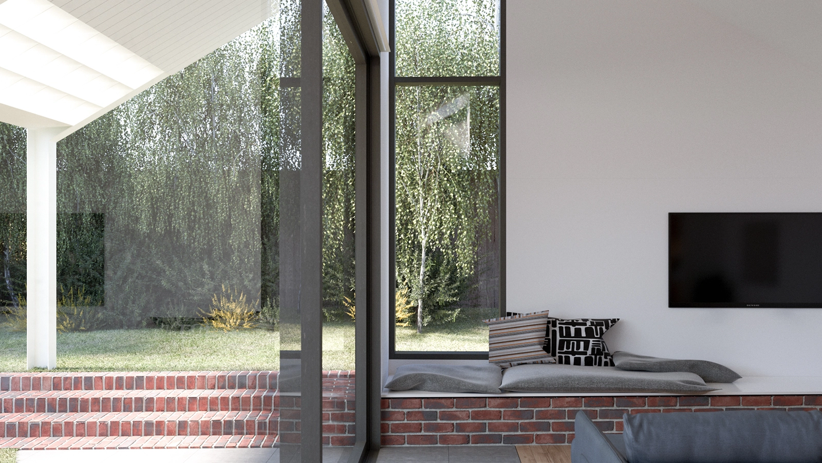 Light-filled interior of a sustainable residential home in Pascoe Vale, featuring modern finishes, brick bench seating, and garden views — designed by MOA.studio