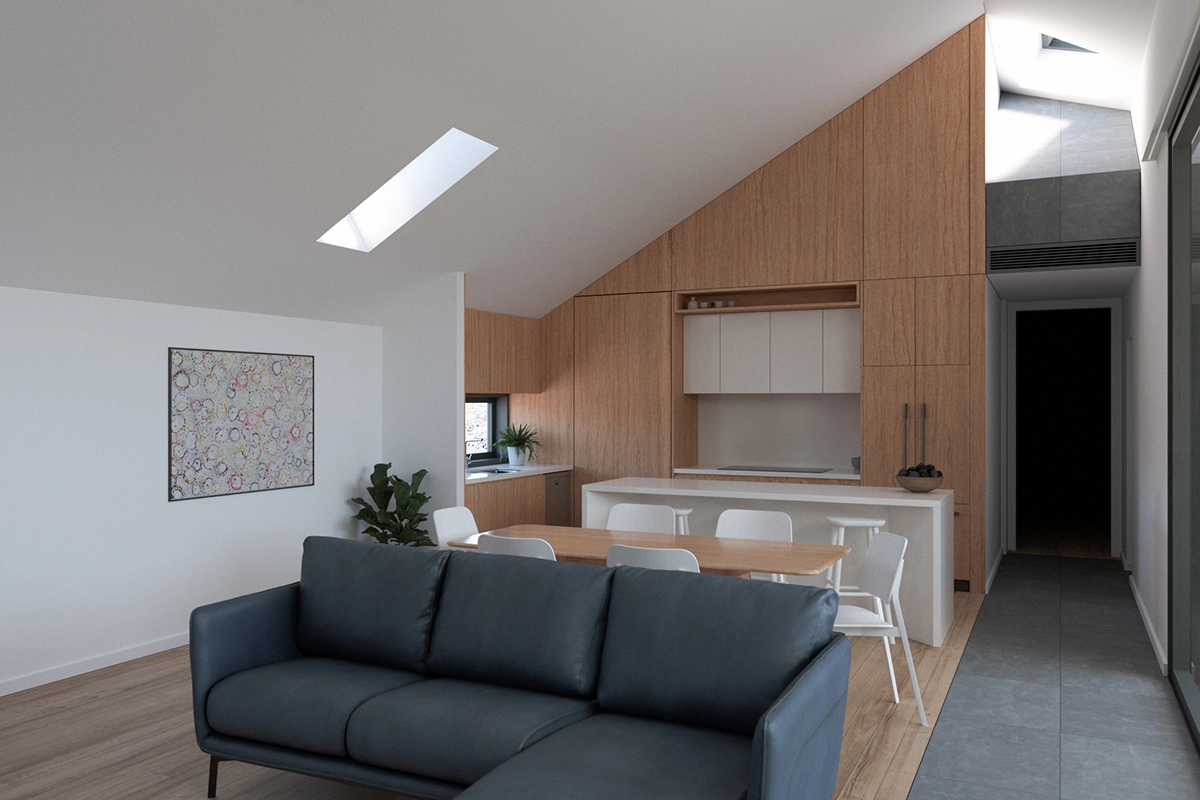 Light-filled interior of a sustainable residential home in Pascoe Vale, designed by MOA.studio