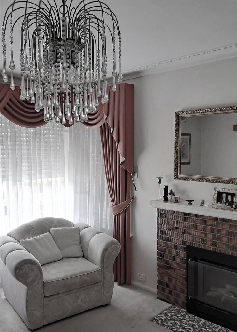 Image of an Italian-Australian post war migrant formal living room. An original Murano glass chandelier hangs from the ceiling.