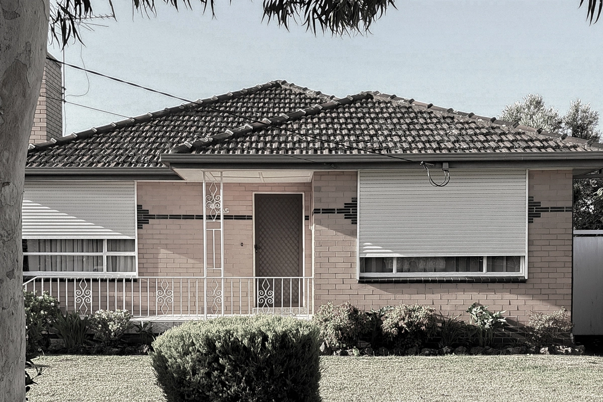 Architectural portfolio image of an of the front facade post war migrant housing in Melbourne's northern suburbs (merri-bek council).