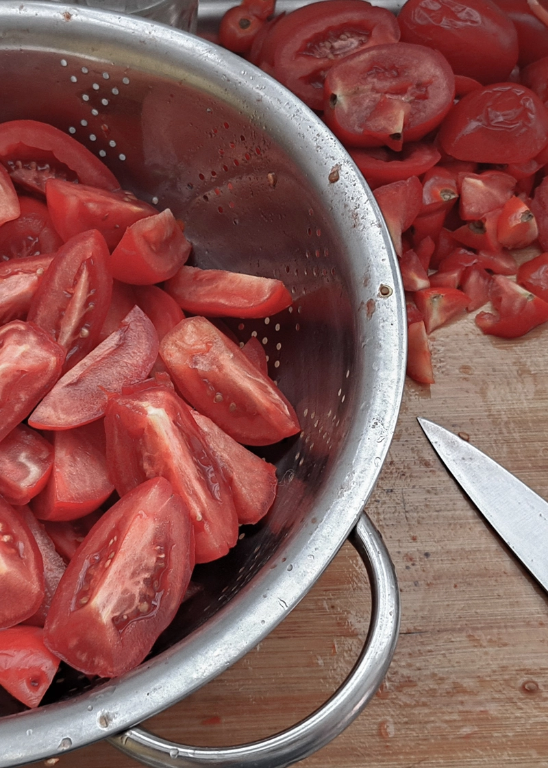 Image of tomatoes cut up sitting in a bowl.